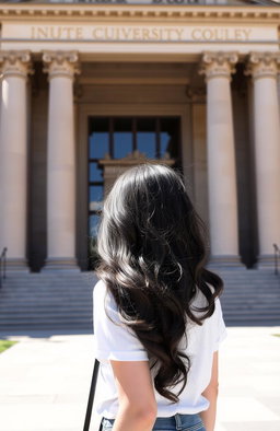 A woman with wavy black hair viewed from the back, standing in front of a grand university building
