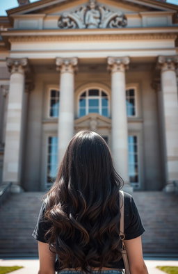 A woman with wavy black hair viewed from the back, standing in front of a grand university building