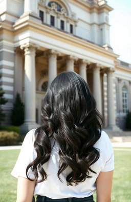 A woman with wavy black hair viewed from the back, standing in front of a grand university building