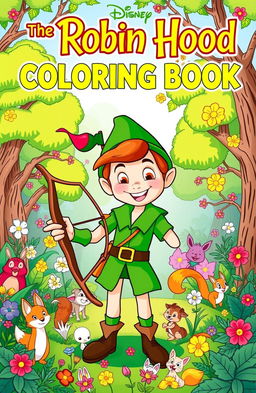 A vibrant and enchanting book cover for a Disney-inspired coloring book titled 'The Robin Hood Coloring Adventure