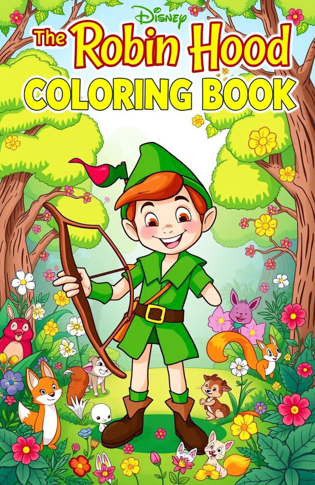 A vibrant and enchanting book cover for a Disney-inspired coloring book titled 'The Robin Hood Coloring Adventure