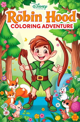 A vibrant and enchanting book cover for a Disney-inspired coloring book titled 'The Robin Hood Coloring Adventure