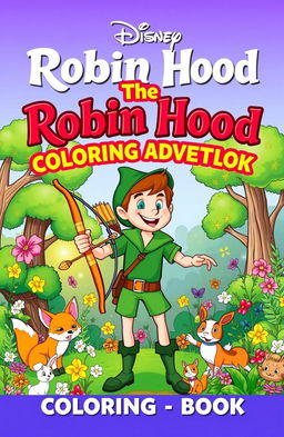 A vibrant and enchanting book cover for a Disney-inspired coloring book titled 'The Robin Hood Coloring Adventure