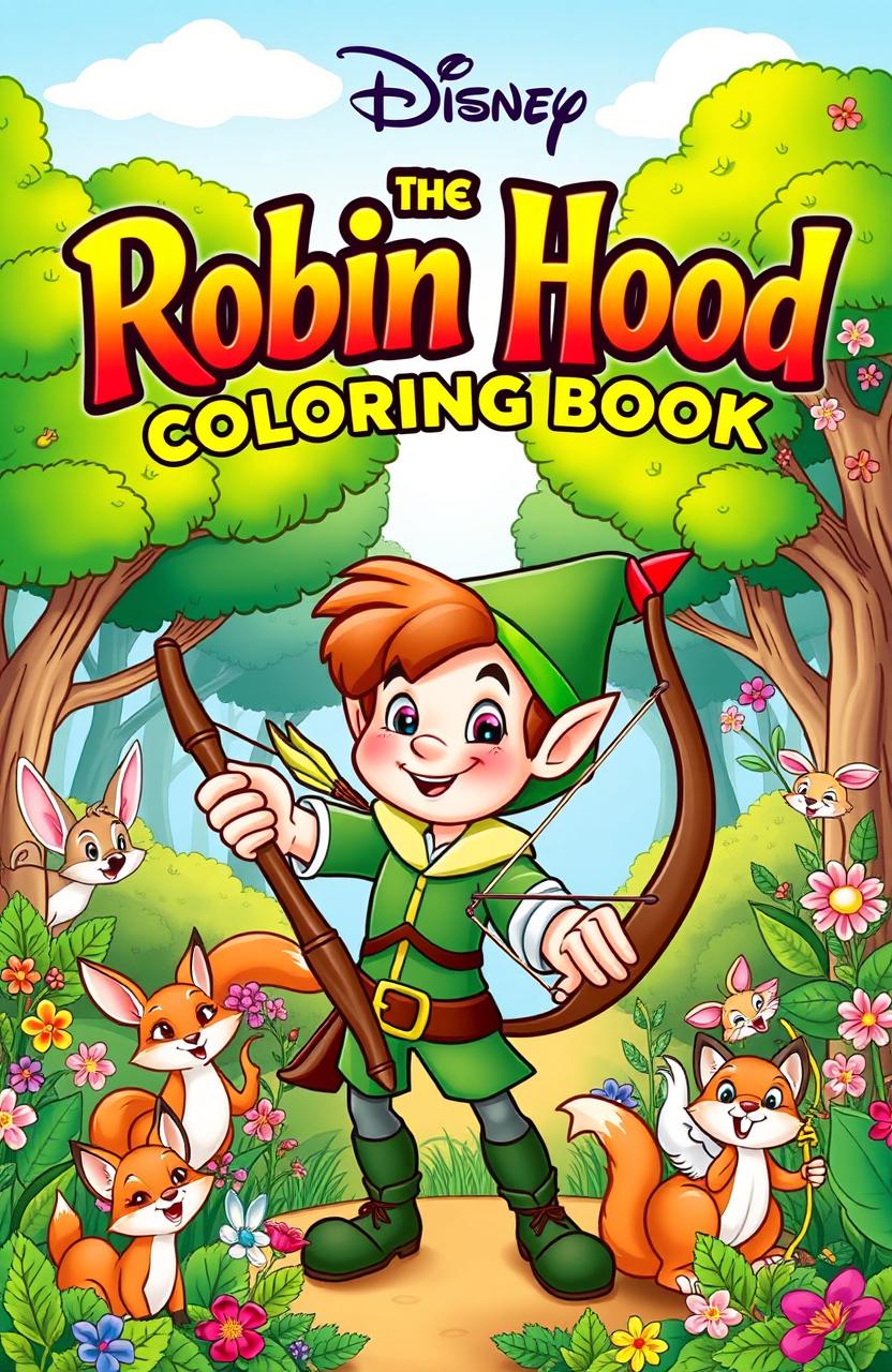 A vibrant and enchanting book cover for a Disney-inspired coloring book titled 'The Robin Hood Coloring Adventure