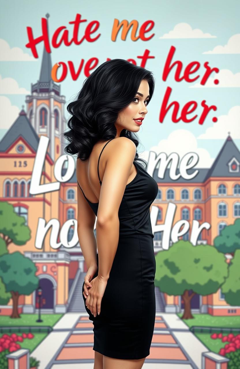 A woman with beautiful wavy black hair, standing with her back to the viewer, showcasing an elegant pose