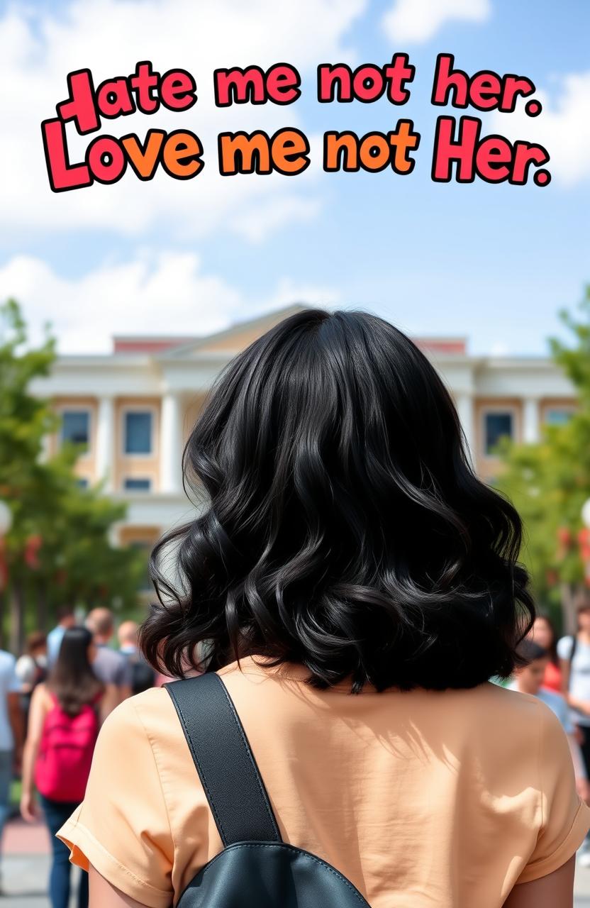 A young woman with wavy, flowing black hair, seen from the back, standing in front of a university building