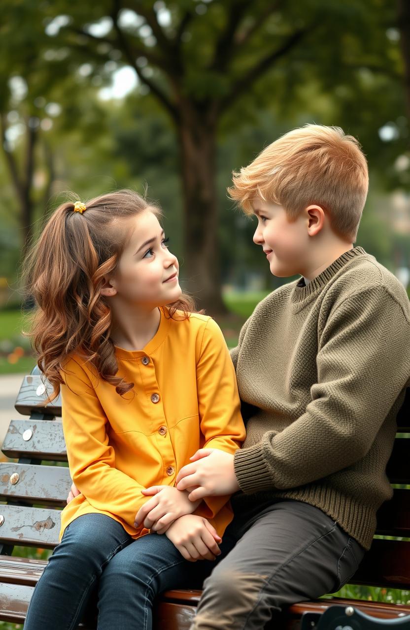 A heartwarming scene of a girl with honey hazel eyes, light brown wavy hair, and light freckles, wearing a cute yellow shirt and dark wash jeans, sitting on a park bench