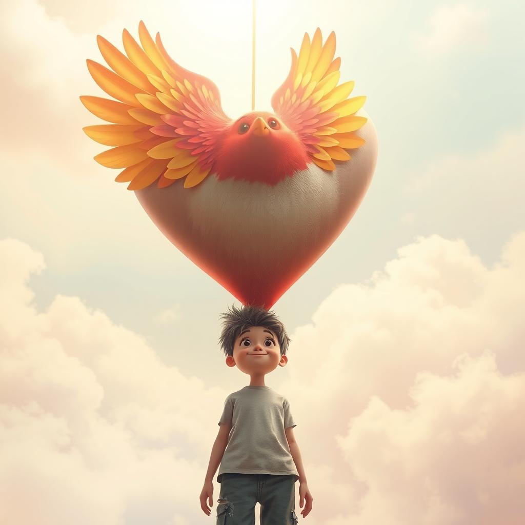 A whimsical scene featuring a person standing beneath a large, vibrant sparrow-shaped heart hovering above their head