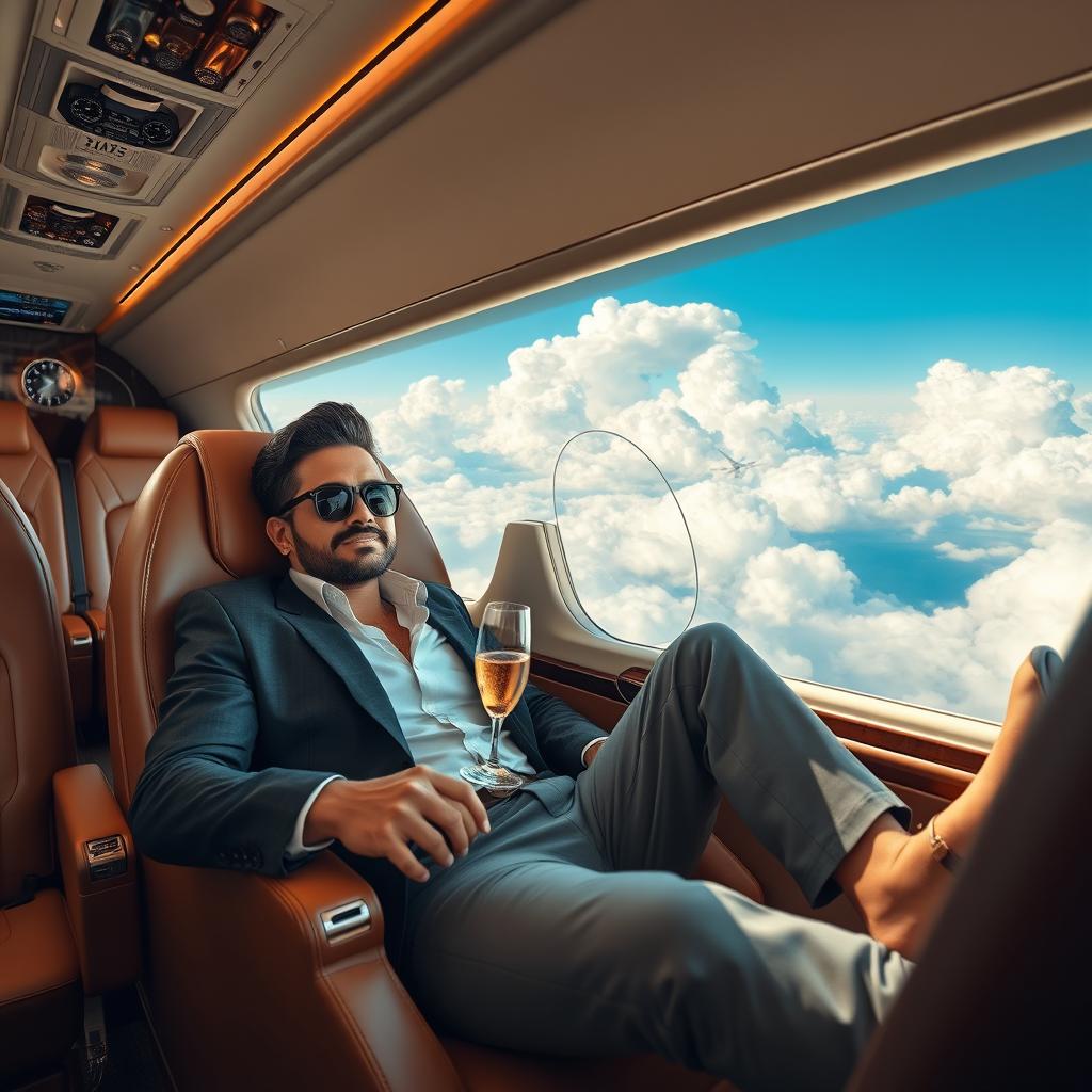 An adventurous scene depicting a first-class individual relaxing inside a luxurious private jet