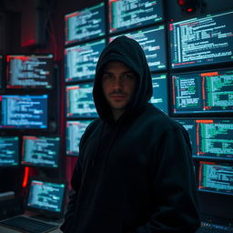A mysterious man wearing a black hooded sweatshirt, his face obscured by the hood, stands confidently in front of a wall filled with multiple hacking screens displaying lines of code and digital graphics