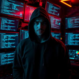 A mysterious man wearing a black hooded sweatshirt, his face obscured by the hood, stands confidently in front of a wall filled with multiple hacking screens displaying lines of code and digital graphics