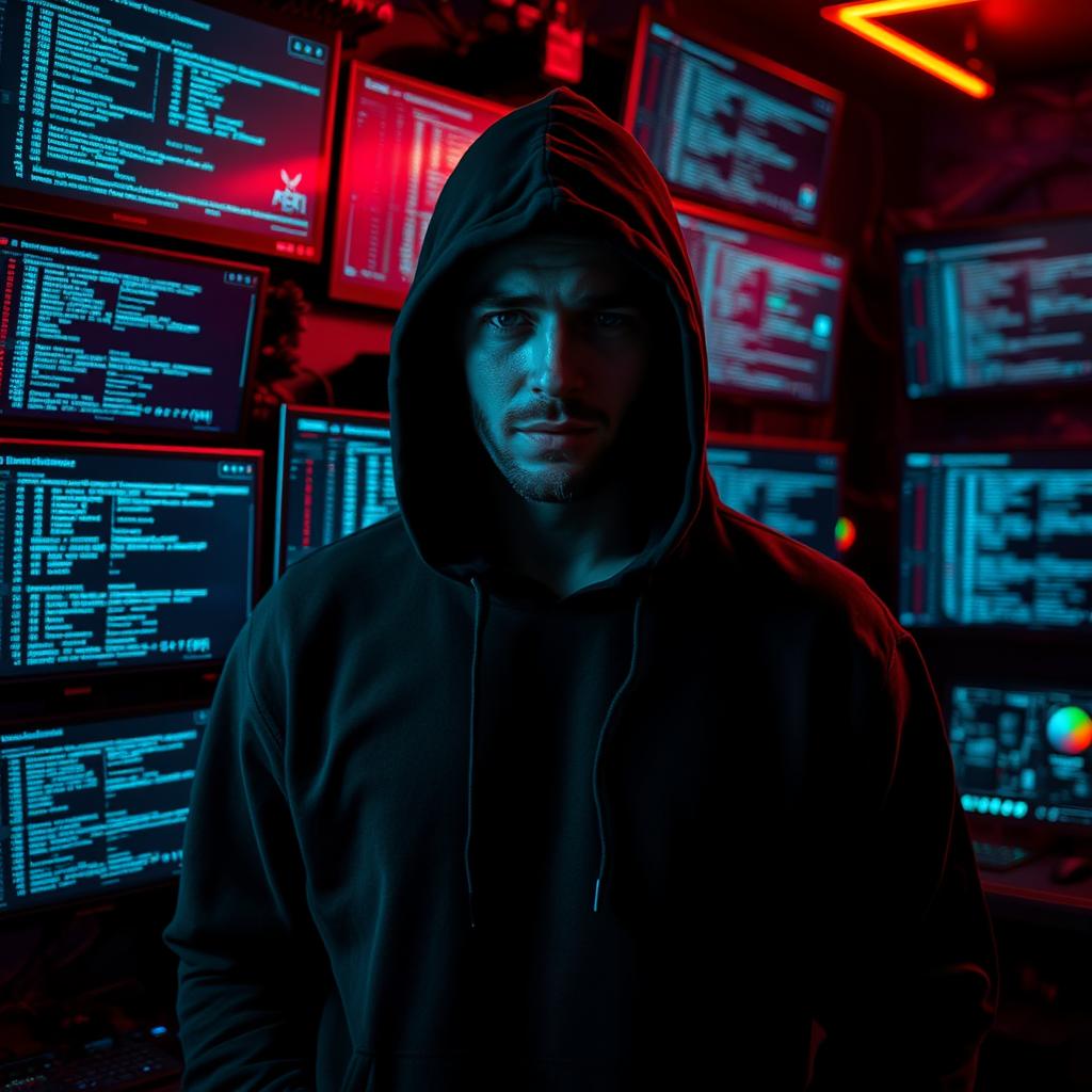 A mysterious man wearing a black hooded sweatshirt, his face obscured by the hood, stands confidently in front of a wall filled with multiple hacking screens displaying lines of code and digital graphics