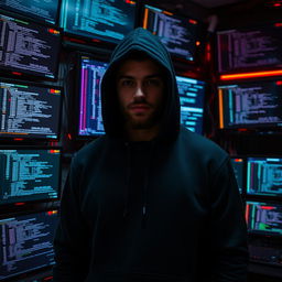 A mysterious man wearing a black hooded sweatshirt, his face obscured by the hood, stands confidently in front of a wall filled with multiple hacking screens displaying lines of code and digital graphics