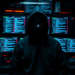 A mysterious man wearing a black hooded sweatshirt, his face obscured by the hood, stands confidently in front of a wall filled with multiple hacking screens displaying lines of code and digital graphics