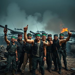 A group of dark, epic resistance fighters standing triumphantly amidst a war-torn landscape, each wearing a distinctive green headband around their heads