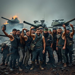 A group of dark, epic resistance fighters standing triumphantly amidst a war-torn landscape, each wearing a distinctive green headband around their heads