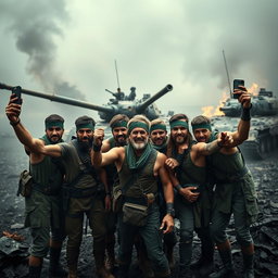 A group of dark, epic resistance fighters standing triumphantly amidst a war-torn landscape, each wearing a distinctive green headband around their heads