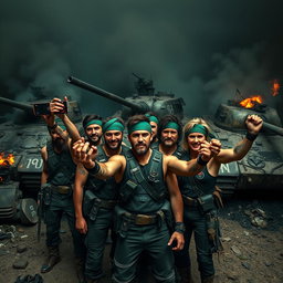 A group of dark, epic resistance fighters standing triumphantly amidst a war-torn landscape, each wearing a distinctive green headband around their heads