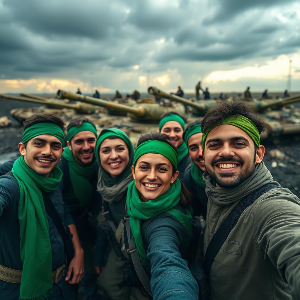 A group of simple, yet heroic resistance fighters, all wearing vibrant green headbands, are joyfully smiling and taking selfies in front of a line of destroyed tanks