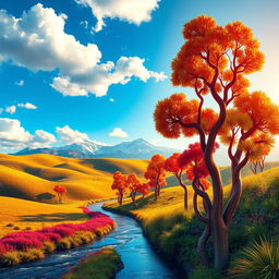 A vibrant, colorful landscape featuring rolling hills under a bright blue sky with fluffy white clouds
