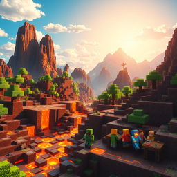 A vibrant scene depicting a Minecraft-style landscape dominated by flowing lava