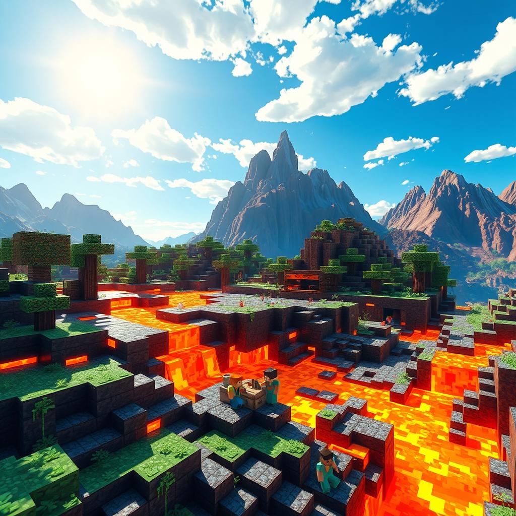 A vibrant scene depicting a Minecraft-style landscape dominated by flowing lava
