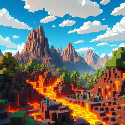A vibrant scene depicting a Minecraft-style landscape dominated by flowing lava