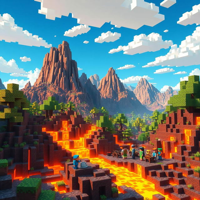 A vibrant scene depicting a Minecraft-style landscape dominated by flowing lava