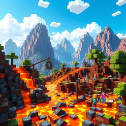 A vibrant scene depicting a Minecraft-style landscape dominated by flowing lava