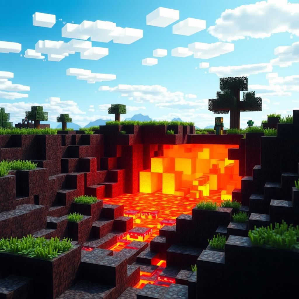 A vibrant scene depicting a Minecraft-style lava flow within a blocky, pixelated landscape