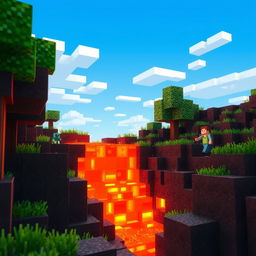 A vibrant scene depicting a Minecraft-style lava flow within a blocky, pixelated landscape