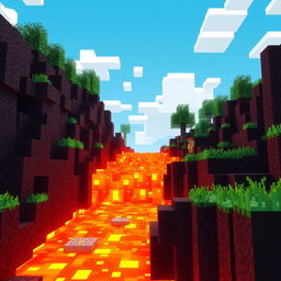 A vibrant scene depicting a Minecraft-style lava flow within a blocky, pixelated landscape