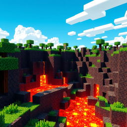 A vibrant scene depicting a Minecraft-style lava flow within a blocky, pixelated landscape