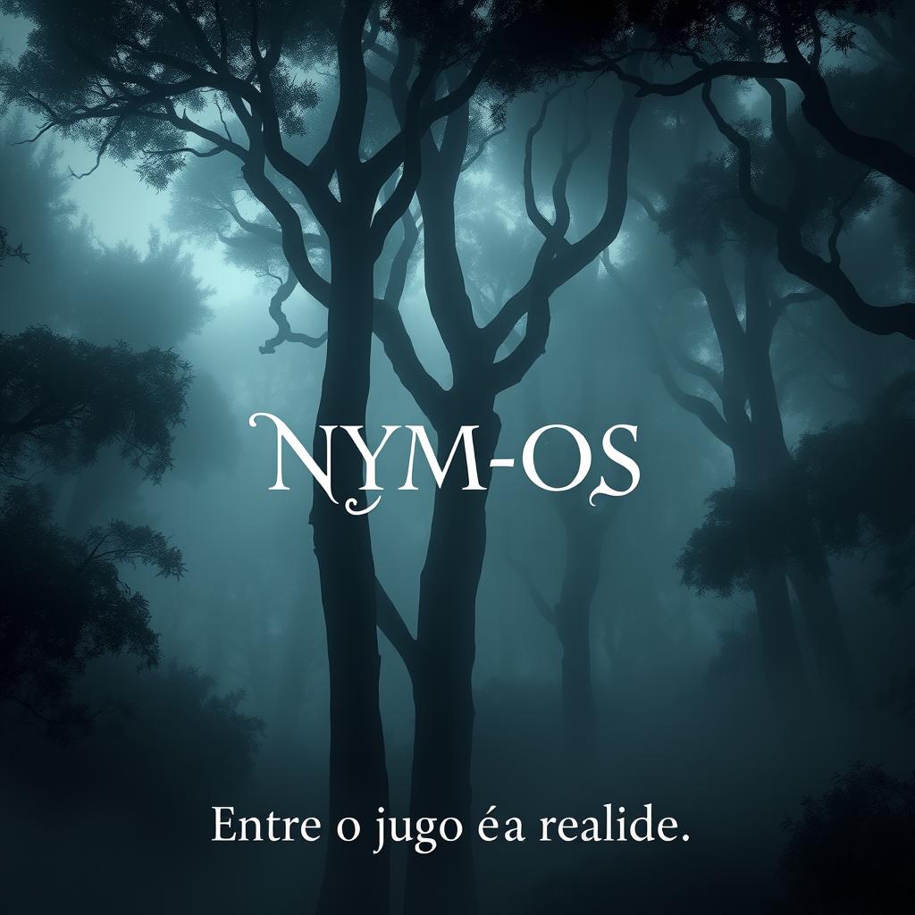 A dark, enchanting forest enveloped in mist, tall trees with twisted branches and dense foliage, creating an aura of mystery and intrigue