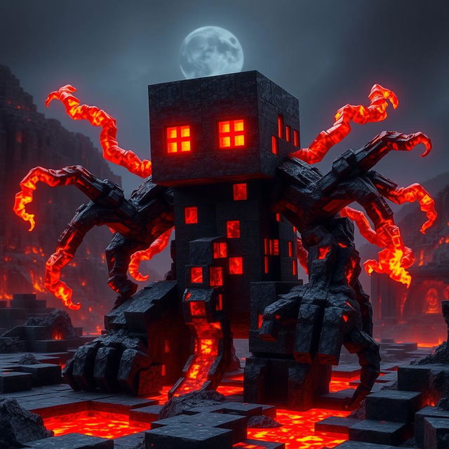 A Minecraft lava creature, resembling a unique and terrifying entity crafted from molten lava and rock