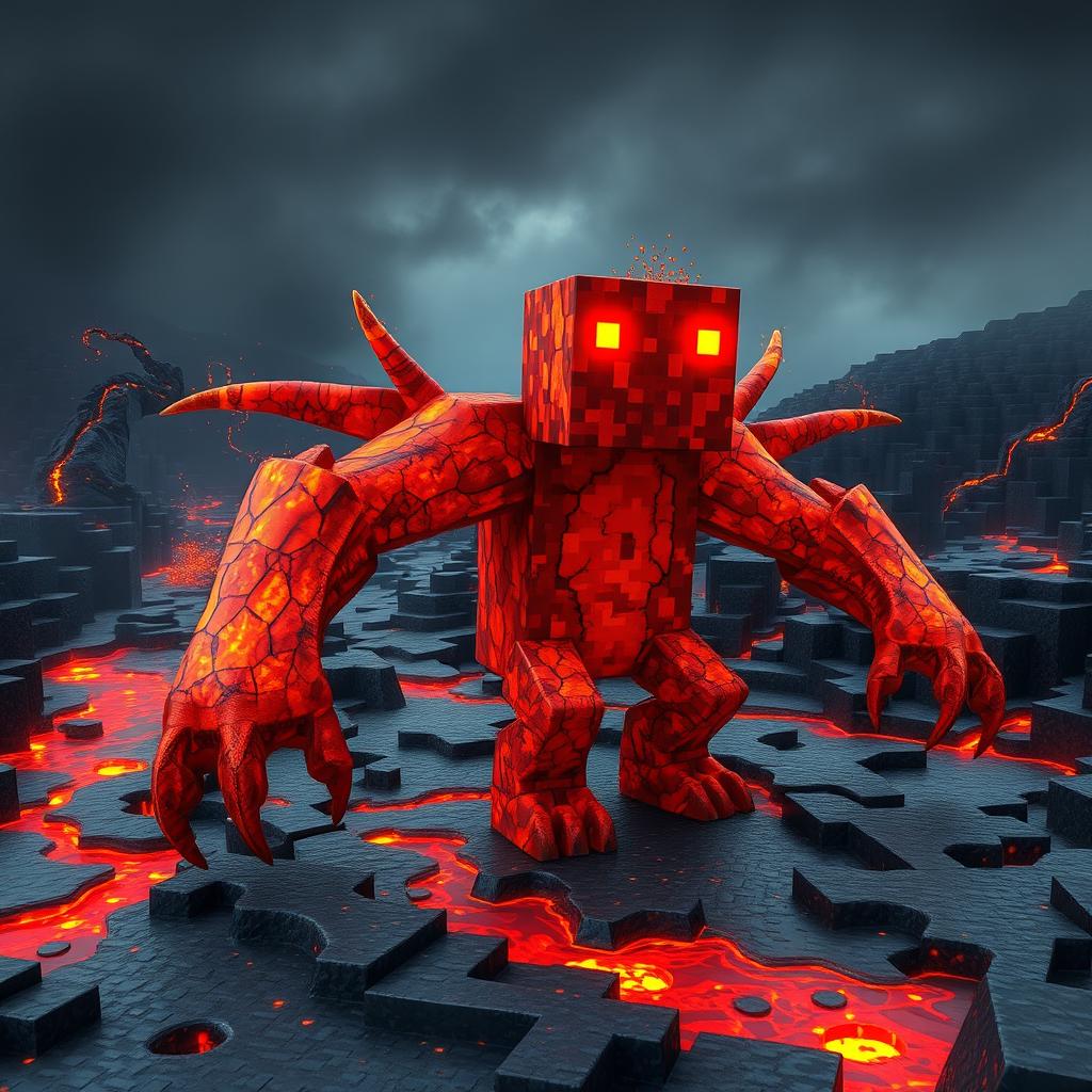 A Minecraft lava creature, designed as a formidable and mesmerizing being formed from flowing molten lava and rocky textures