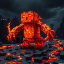 A Minecraft lava creature, designed as a formidable and mesmerizing being formed from flowing molten lava and rocky textures
