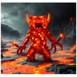 A Minecraft lava creature, designed as a formidable and mesmerizing being formed from flowing molten lava and rocky textures