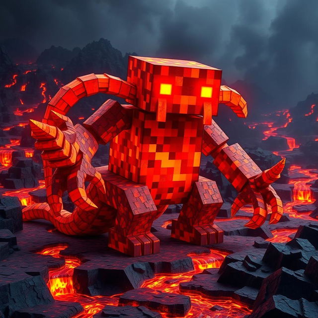 A Minecraft lava creature, designed as a formidable and mesmerizing being formed from flowing molten lava and rocky textures