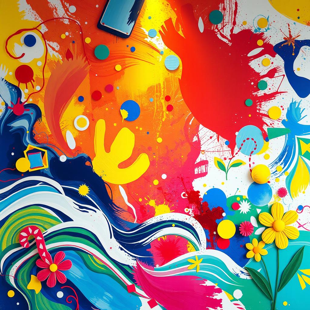 An imaginative and vibrant background for an art competition, featuring a colorful abstract design with swirling patterns, geometric shapes, and splashes of paint in a variety of bright colors such as red, blue, yellow, and green