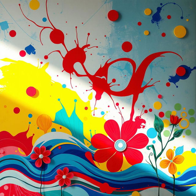 An imaginative and vibrant background for an art competition, featuring a colorful abstract design with swirling patterns, geometric shapes, and splashes of paint in a variety of bright colors such as red, blue, yellow, and green