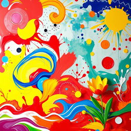 An imaginative and vibrant background for an art competition, featuring a colorful abstract design with swirling patterns, geometric shapes, and splashes of paint in a variety of bright colors such as red, blue, yellow, and green