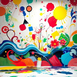 An imaginative and vibrant background for an art competition, featuring a colorful abstract design with swirling patterns, geometric shapes, and splashes of paint in a variety of bright colors such as red, blue, yellow, and green