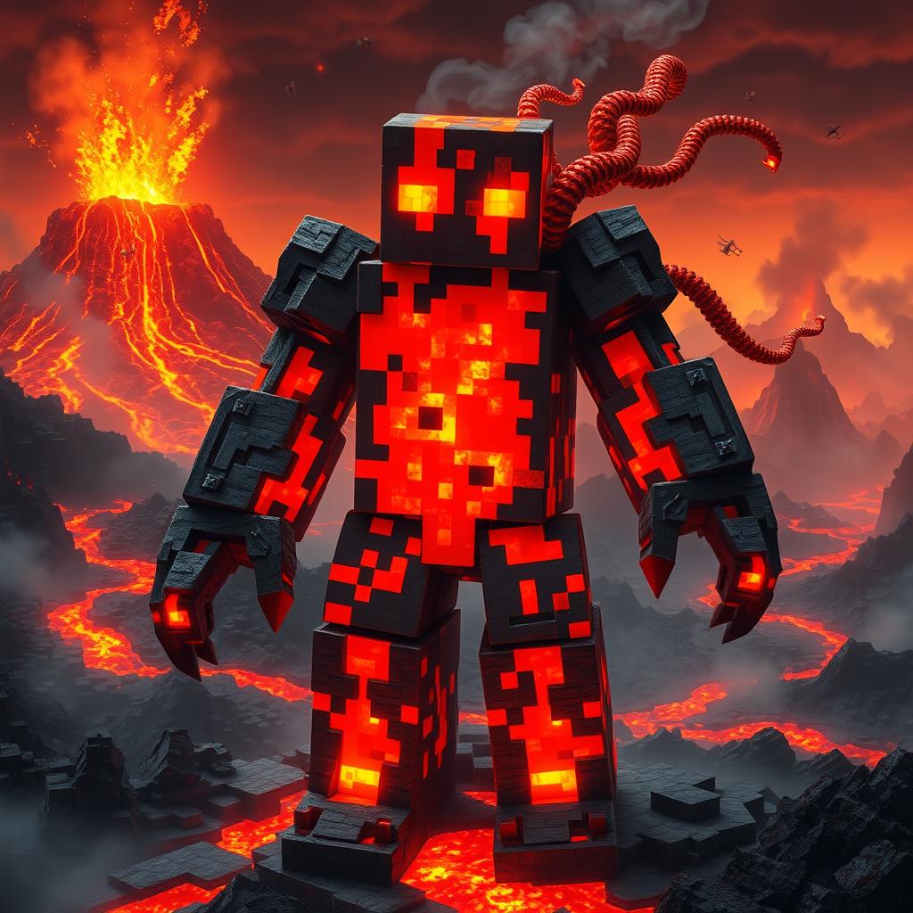 A Minecraft lava creature, depicted as a fearsome and captivating entity made from glowing molten lava and rough volcanic rock