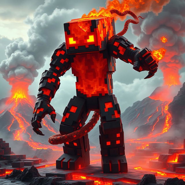 A Minecraft lava creature, depicted as a fearsome and captivating entity made from glowing molten lava and rough volcanic rock