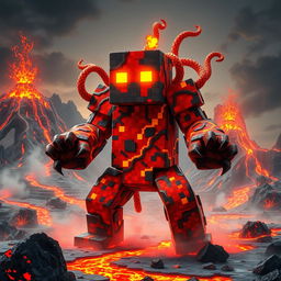 A Minecraft lava creature, depicted as a fearsome and captivating entity made from glowing molten lava and rough volcanic rock