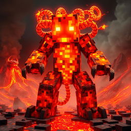 A Minecraft lava creature, depicted as a fearsome and captivating entity made from glowing molten lava and rough volcanic rock