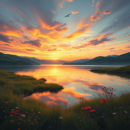 a tranquil landscape backdrop for an art piece, featuring a serene lake reflecting the colors of a sunset, surrounded by lush green hills and scattered wildflowers, the sky painted with vibrant hues of orange, pink, and purple, soft clouds drifting gently, with a few birds flying in the distance, an atmosphere of peace and inspiration, perfect for a nature-themed artwork
