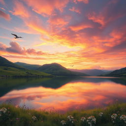 a tranquil landscape backdrop for an art piece, featuring a serene lake reflecting the colors of a sunset, surrounded by lush green hills and scattered wildflowers, the sky painted with vibrant hues of orange, pink, and purple, soft clouds drifting gently, with a few birds flying in the distance, an atmosphere of peace and inspiration, perfect for a nature-themed artwork