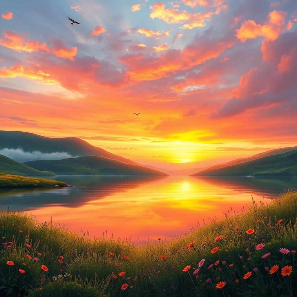 a tranquil landscape backdrop for an art piece, featuring a serene lake reflecting the colors of a sunset, surrounded by lush green hills and scattered wildflowers, the sky painted with vibrant hues of orange, pink, and purple, soft clouds drifting gently, with a few birds flying in the distance, an atmosphere of peace and inspiration, perfect for a nature-themed artwork